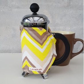 Kaffefrakke i frisk gul og mocca farvet zigzag