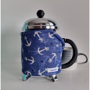 Kaffevarmer i bl med hvide ankere