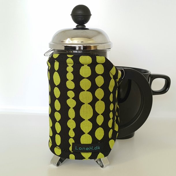 Kaffevarmer sort med olivengrnne drber p snor