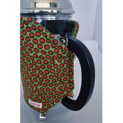 Kaffevarmer grn med rde prikker