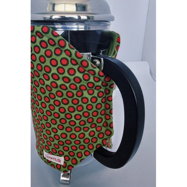 Kaffevarmer grn med rde prikker