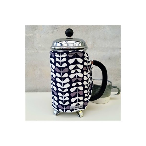 Kaffefrakke i sort med hvide og gr blade