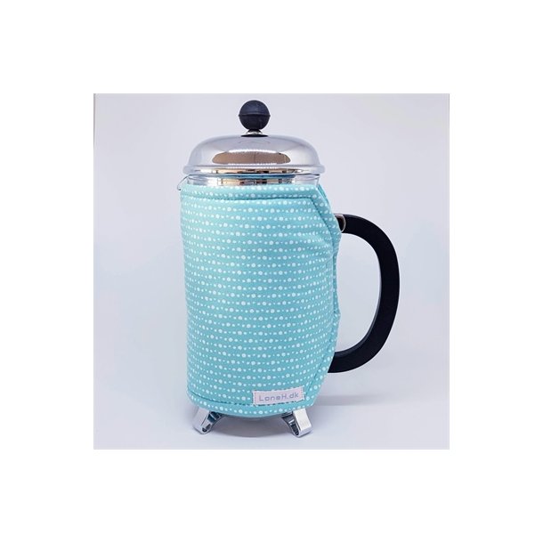 Kaffevarmer i turkisbl med hvide perler