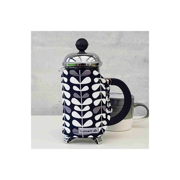 Kaffevarmer i sort med hvide og gr blade